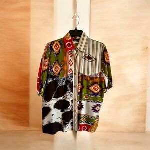 Faith VTG Womens S Southwestern‎ Cow Print Patchwork Beaded Fringe Button Up Top